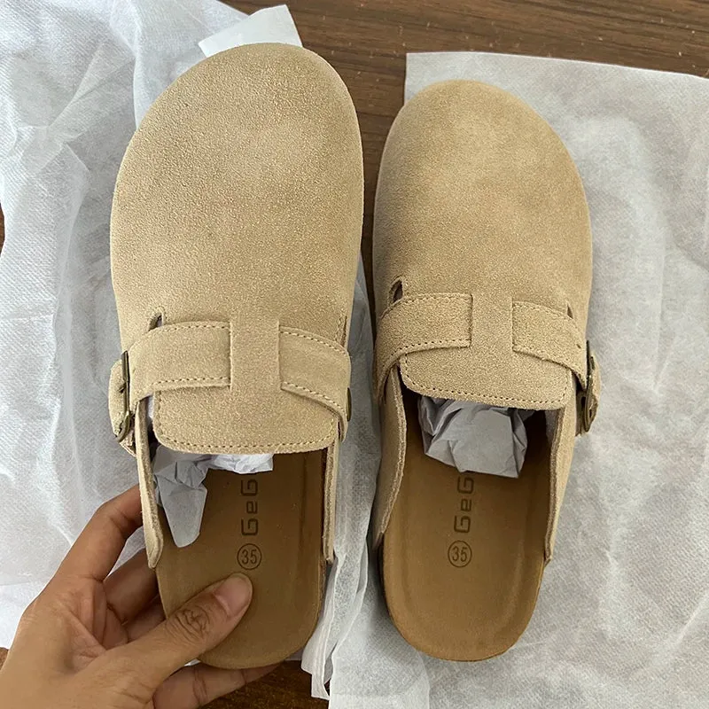 2023 Women's Closed Toe Slippers Cow Suede Leather Clogs Sandals For Women Retro Fashion Garden Mule Clog Slides 35-39