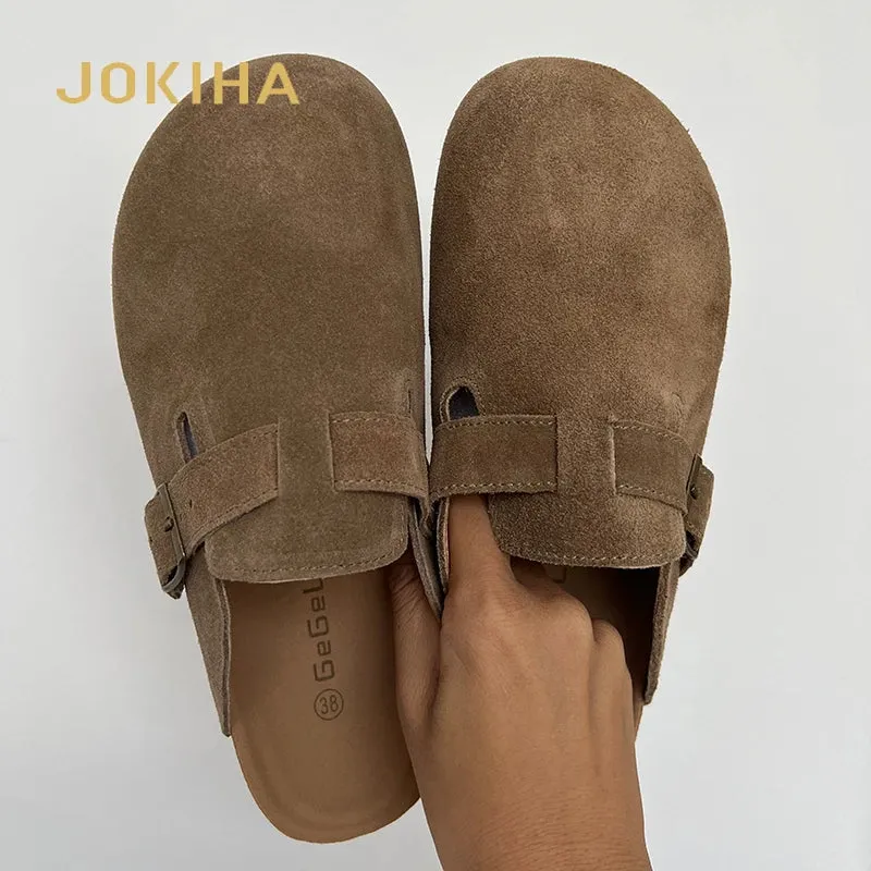 2023 Women's Closed Toe Slippers Cow Suede Leather Clogs Sandals For Women Retro Fashion Garden Mule Clog Slides 35-39