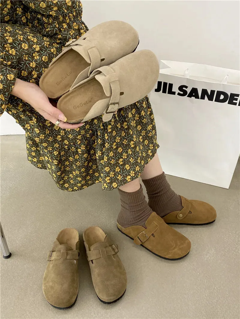 2023 Women's Closed Toe Slippers Cow Suede Leather Clogs Sandals For Women Retro Fashion Garden Mule Clog Slides 35-39