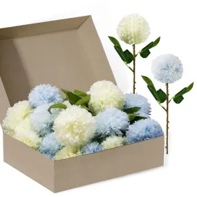 24 Artificial Chrysanthemums, White Blue Ball Flowers, Artificial Fake Flowers, Silk Plants Home Decoration DIY Flower Arrangement Art as Valentine's Day Gifts Wedding Flowers