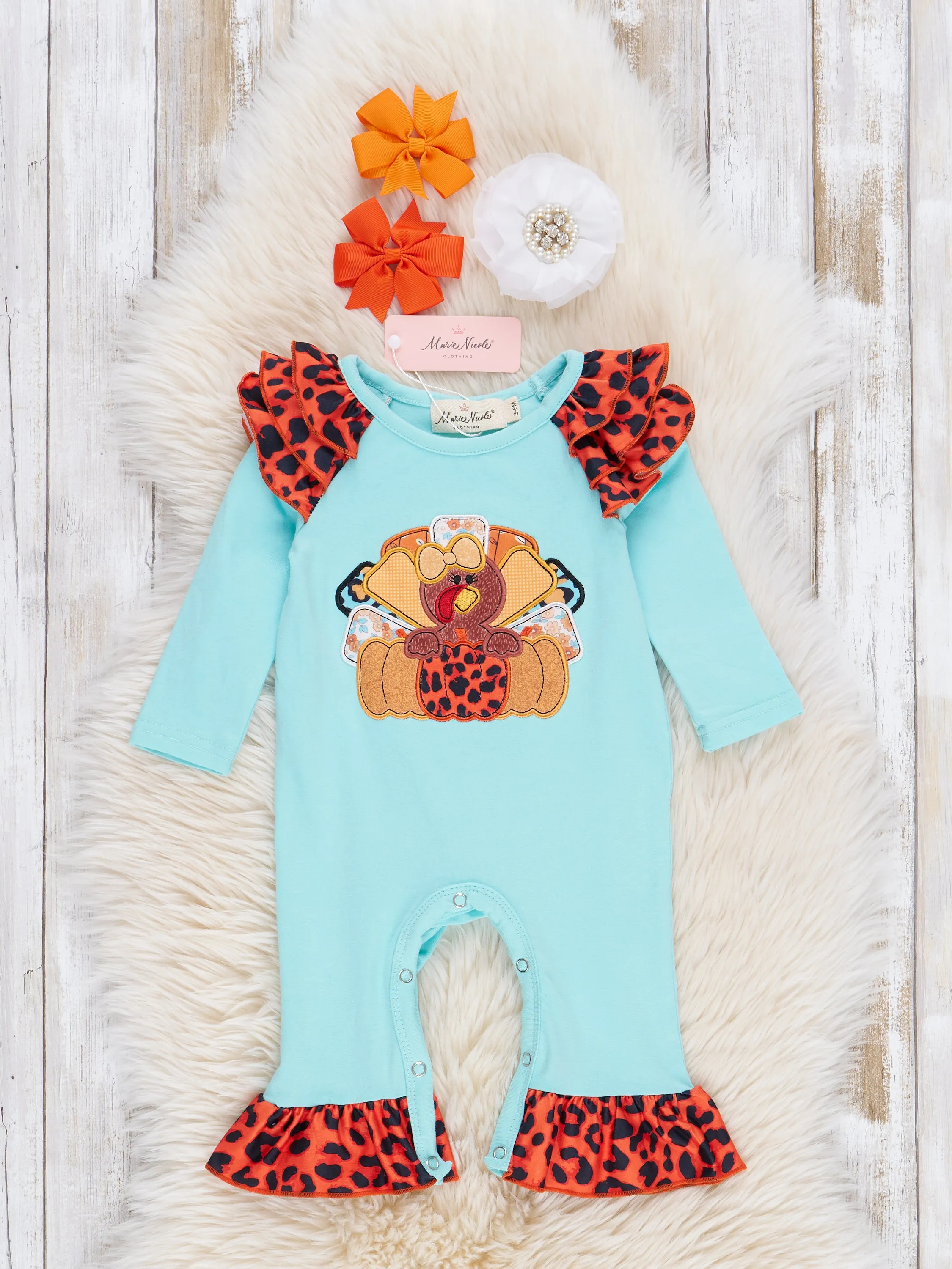 Aqua & Leopard Embroidered Turkey Ruffle Romper