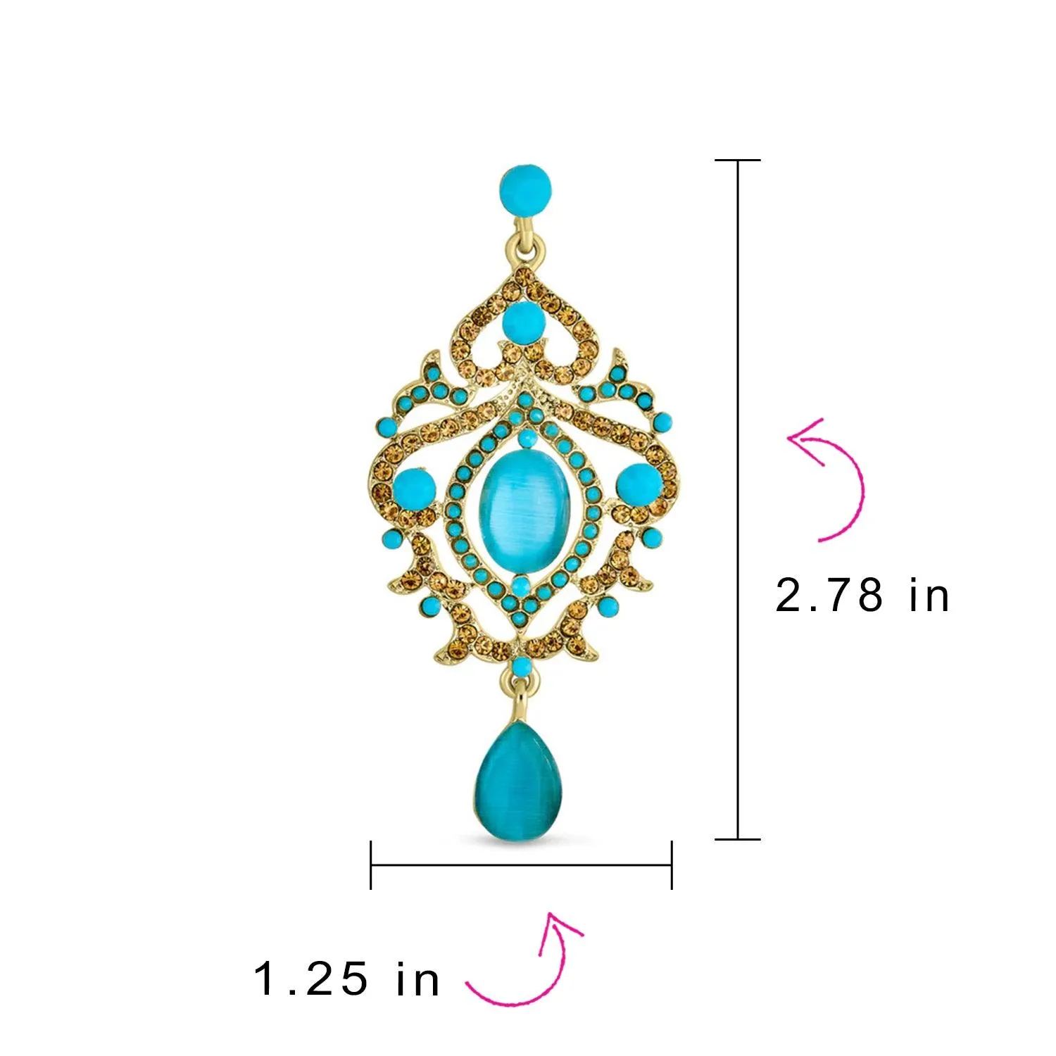 Aqua Blue Cat Eye Crystal Statement Chandelier Earring Gold Plated