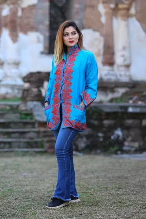 Beautiful Blue Firozi Colour Aari Work Embroidered Jacket With New Designer Paisley Pattern