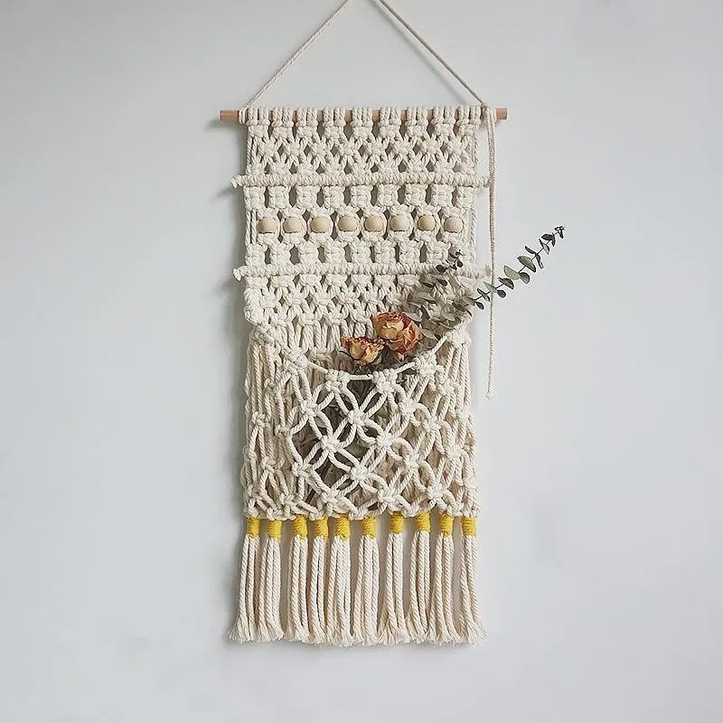 Beige Bohemian Style Rectangular Cotton Tapestry Woven Wall Hangings