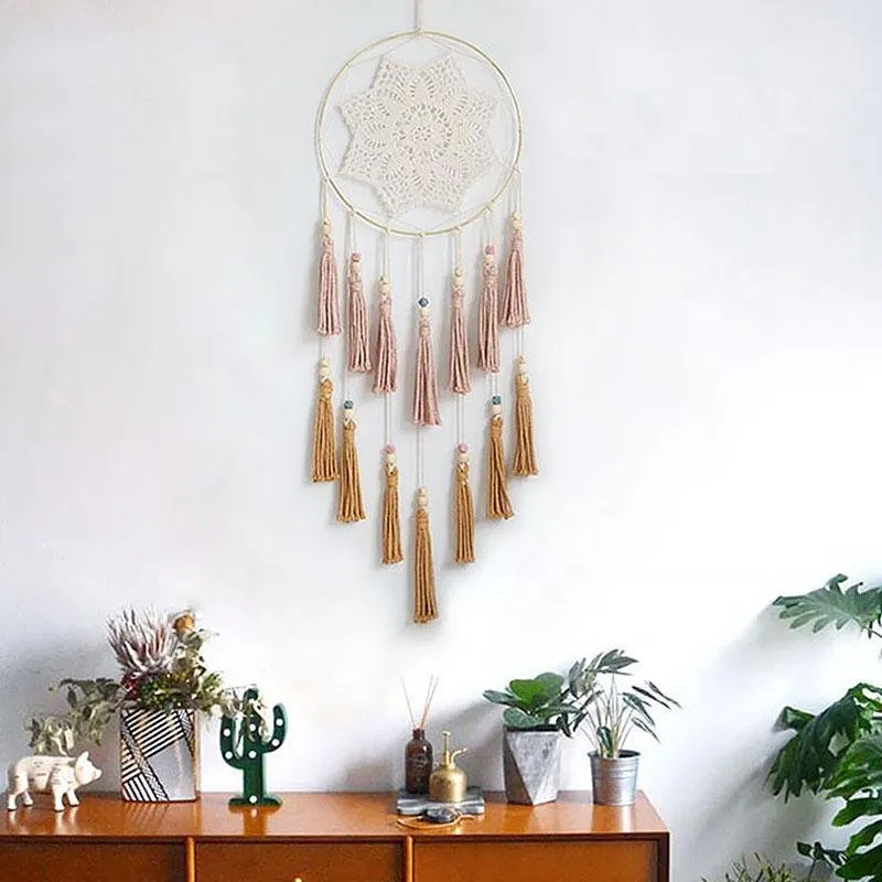 Beige Bohemian Style Round Cotton Woven Wall Hangings