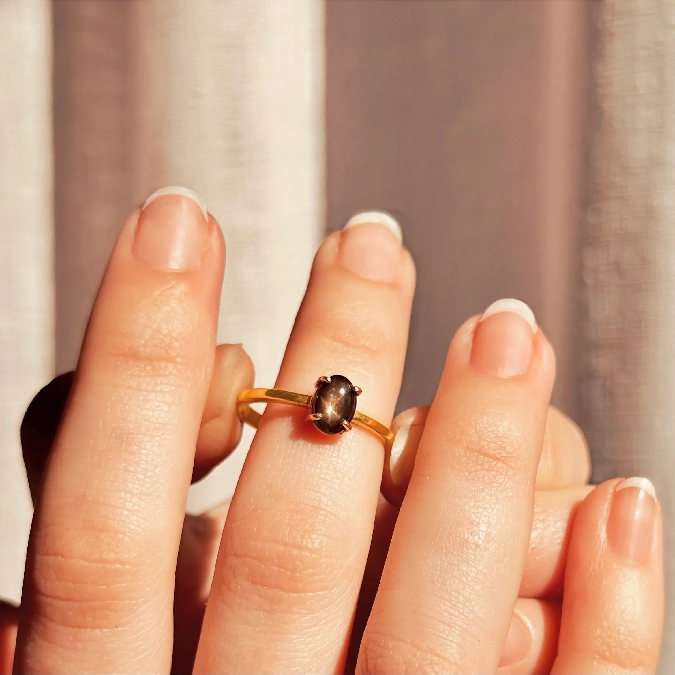 Black Copper Obsidian Cabochon Oval Prong Ring