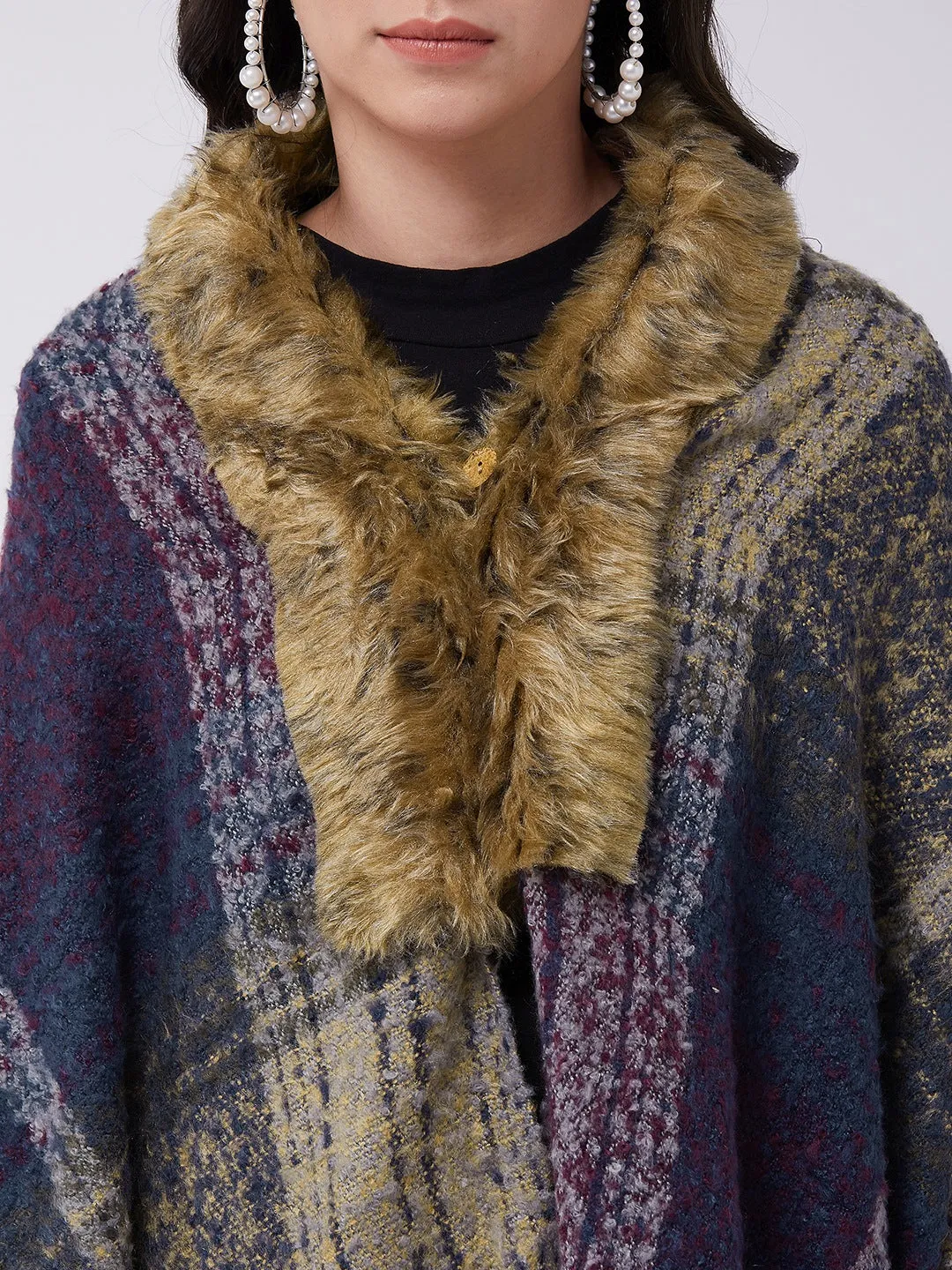 Blue Check Winter Fur Cape