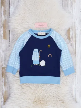 Blue Gingham Embroidered Nativity Raglan Shirt