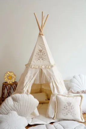 Boho Teepee Tent with Frills and Caramel Mat with Frill Set