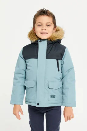 Boys Blue Padded Fur Hooded Jacket