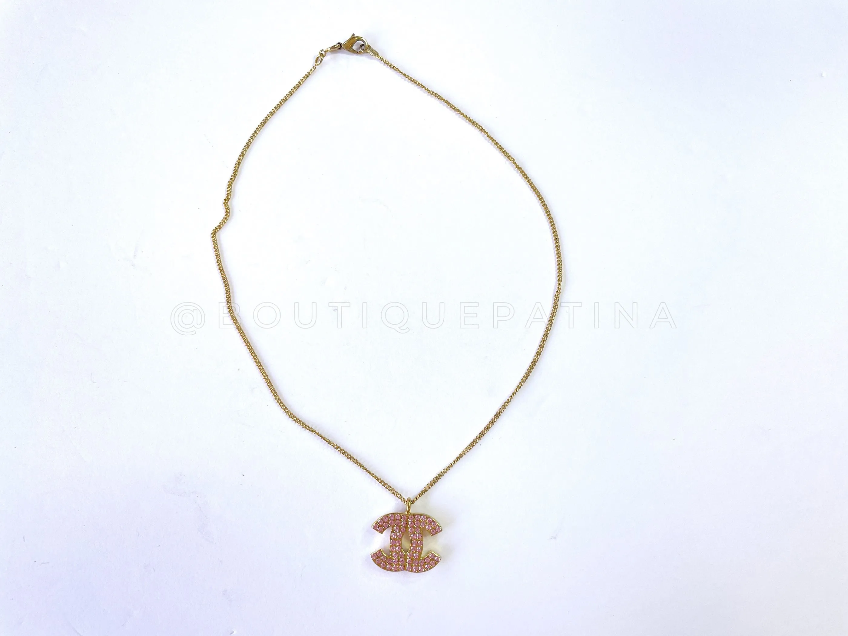 Chanel 02P Vintage Pink Crystal Studded Gold Necklace