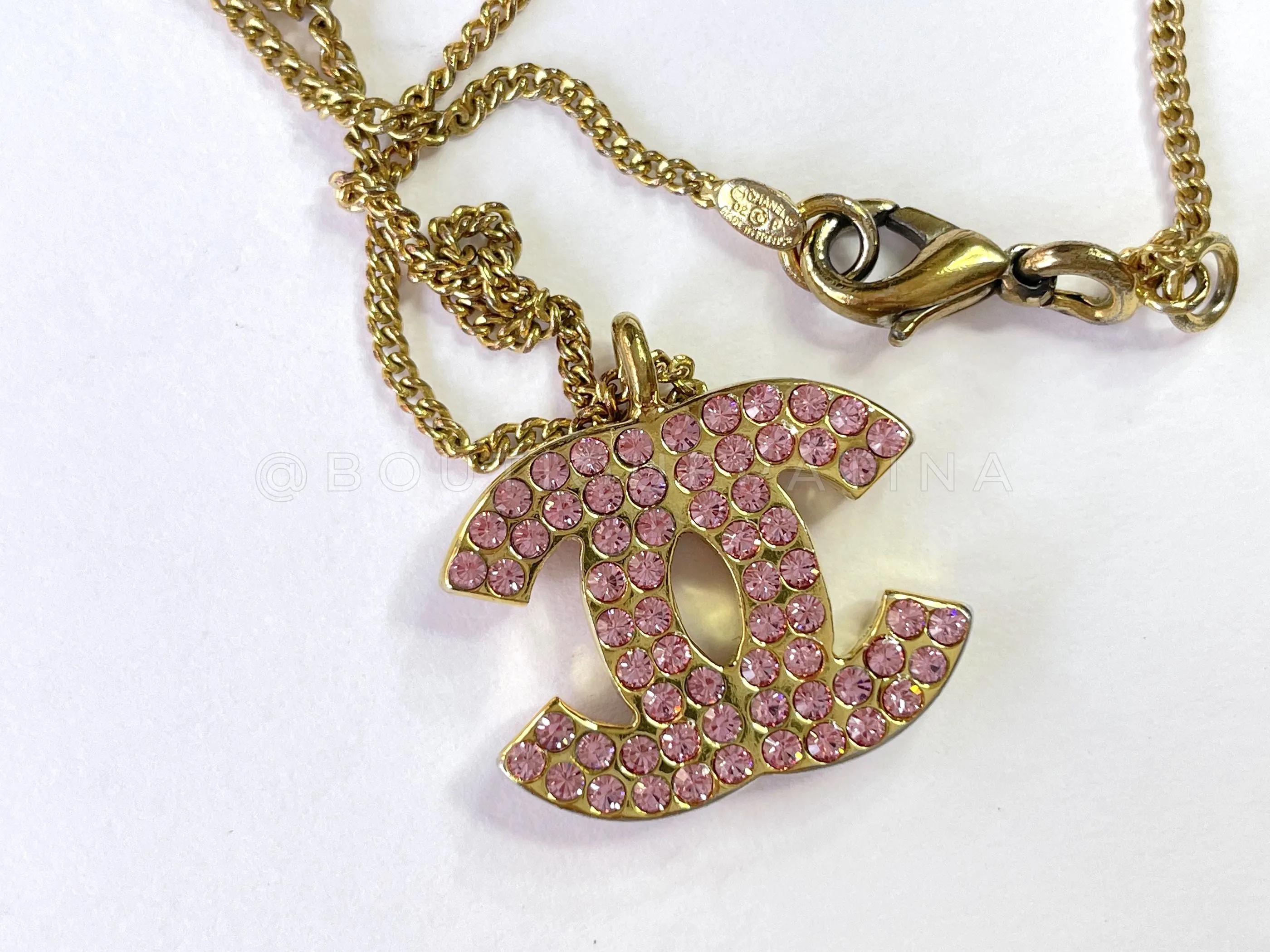 Chanel 02P Vintage Pink Crystal Studded Gold Necklace