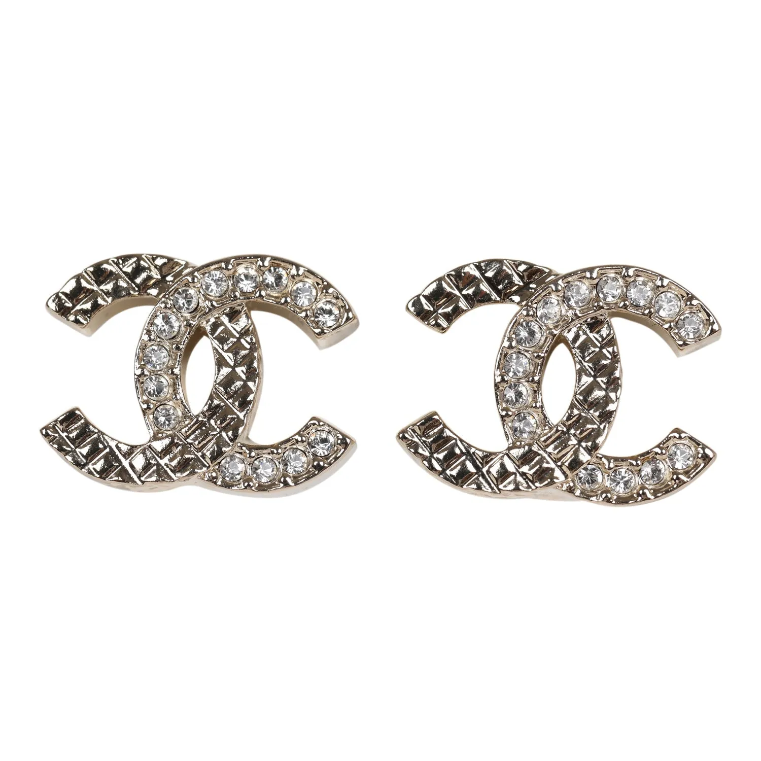 Chanel Half Quilted & Half Crystal CC Stud Earring Gold Hardware