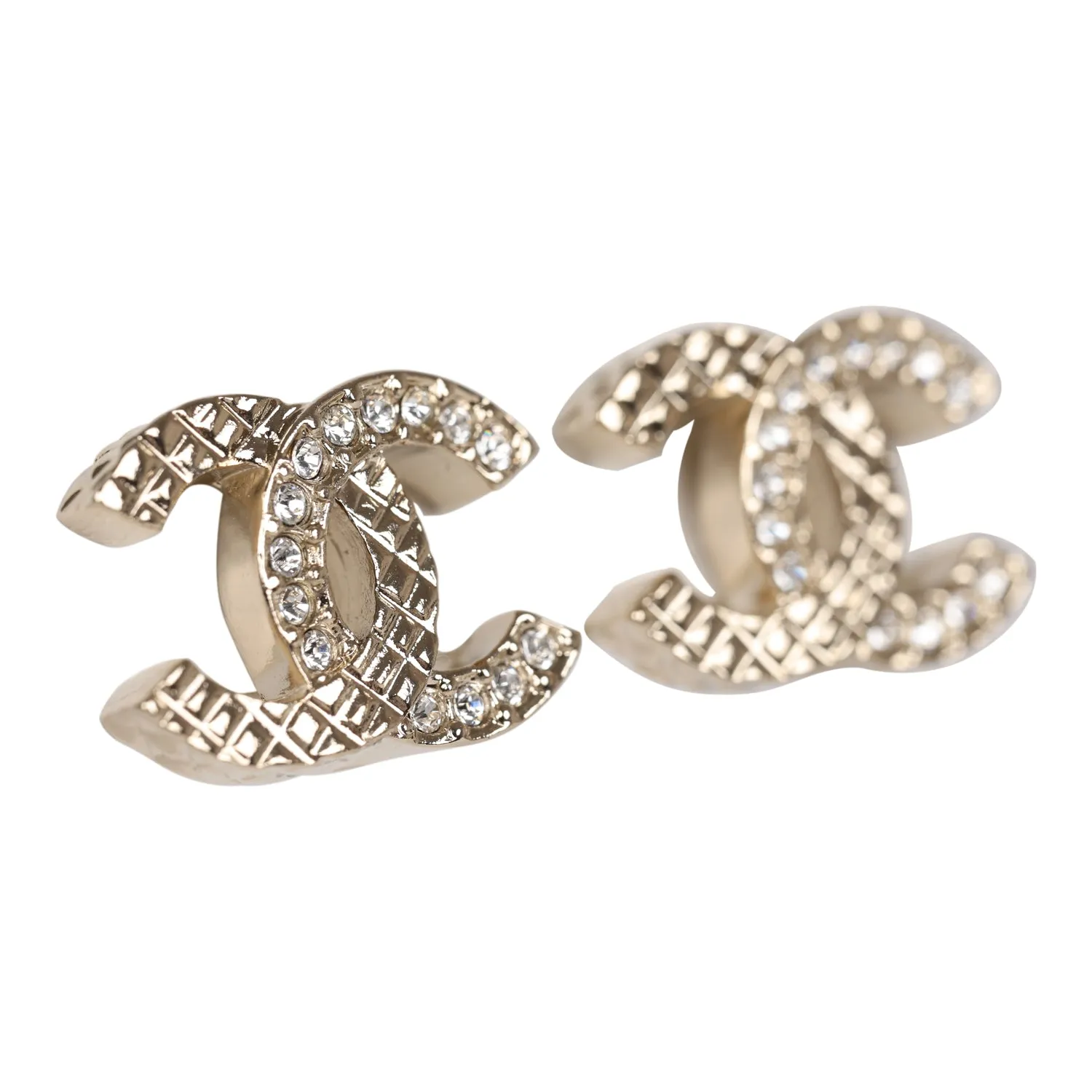 Chanel Half Quilted & Half Crystal CC Stud Earring Gold Hardware