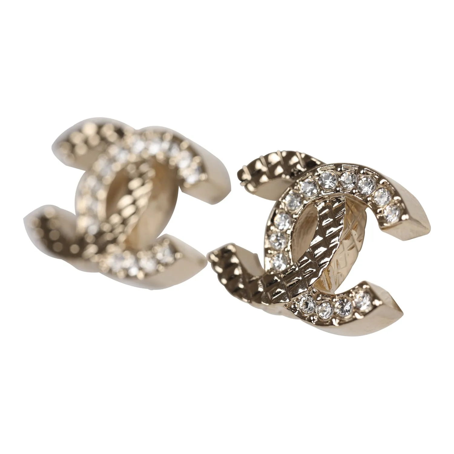 Chanel Half Quilted & Half Crystal CC Stud Earring Gold Hardware