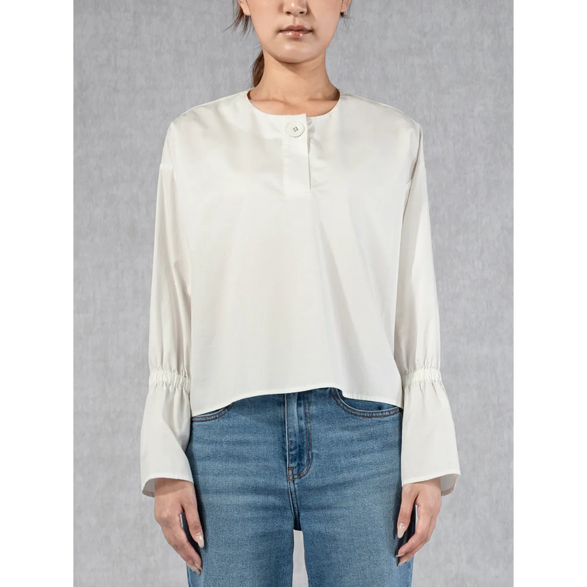 Collarless Button Blouse Bright White