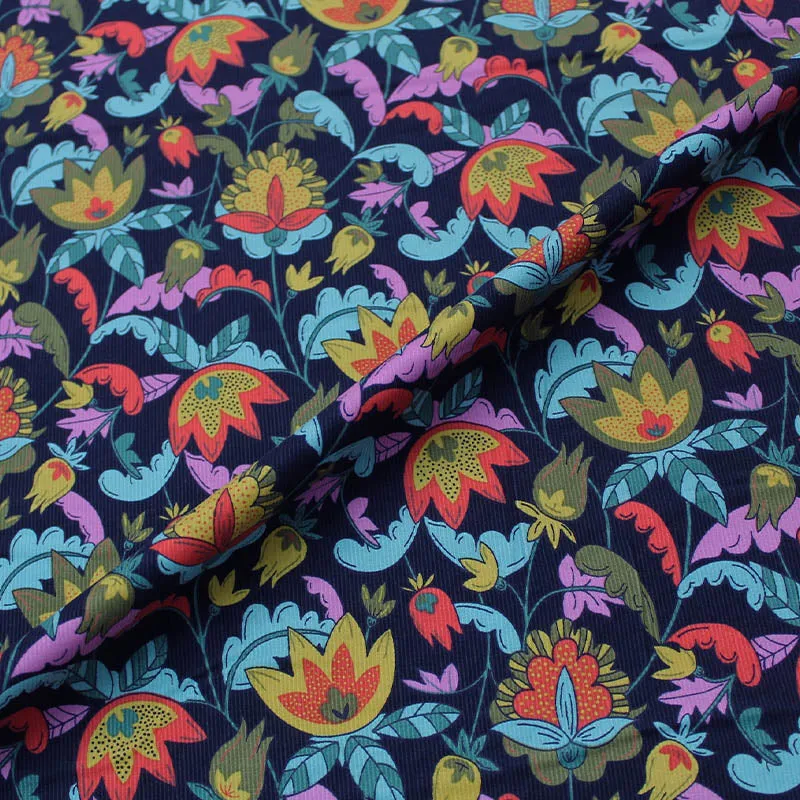 Floral Dressmaking Corduroy - Navy - Sanctuary Garden