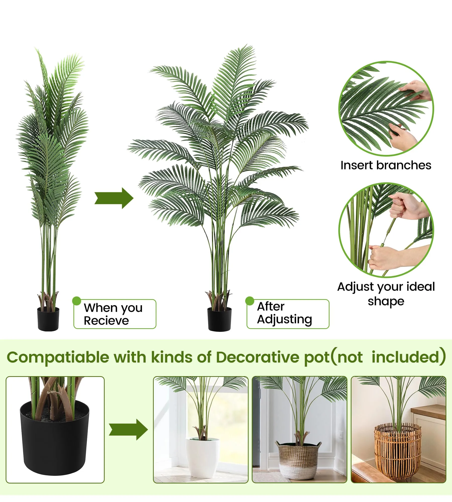 GARVEE 7ft Artificial Palm Tree with 15 Trunks, Realistic Areca Palm Silk Plant, Durable Polyester, Adjustable Leaves, Indoor/Outdoor Decor