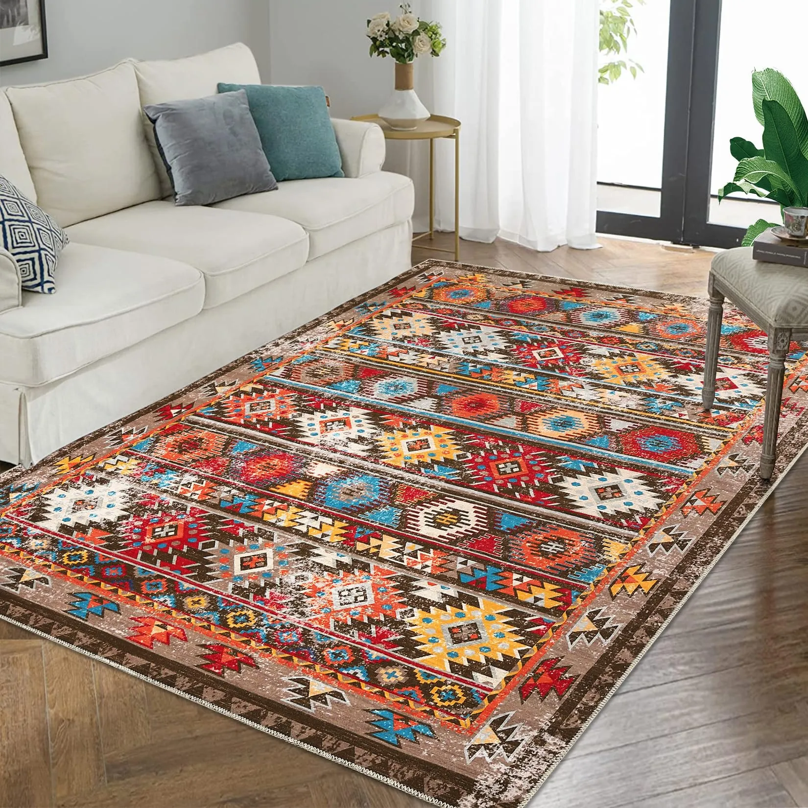 GARVEE 8x10 Washable Rug for Living Room Boho Accent Large Carpet Moroccan Distressed Area Rug Stain Resistant Bohemian Area Rug for Bedroom Kitchen Nursery, Brown