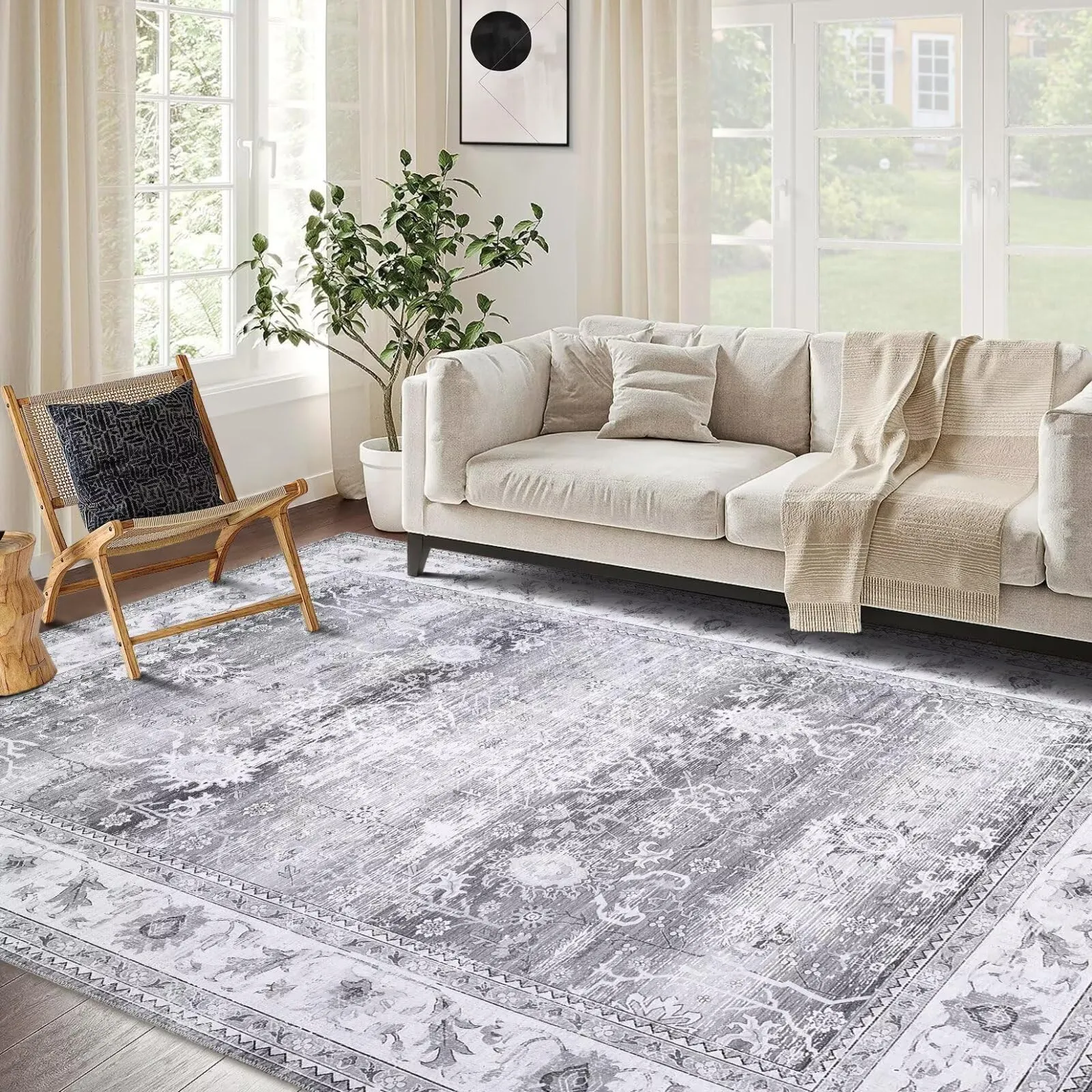 GARVEE Area Rug 3x5 Traditional Carpet for Living Room, Washable Rug for Bedroom Dining Room and Kitchen Boho Rug Non-Slip Mats Indoor Floor Farmhouse Decor,Grey