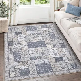 GARVEE Area Rug 5x7 Washable Rug Boho Rugs for Bedroom Living Room Rugs Non Slip Low Pile Carpet Vintage Bohemian Distressed Indoor Floor Cover Print Carpet, Grey