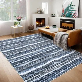 GARVEE Bobemian Area Rugs 5x7 Washable Rugs for Living Room Bohemian Blue Printed Rug Low Pile Bedroom Rug Geometric Distressed Area Rugs Non Slip Throw Rugs for Office Classroom Dining Room, Blue