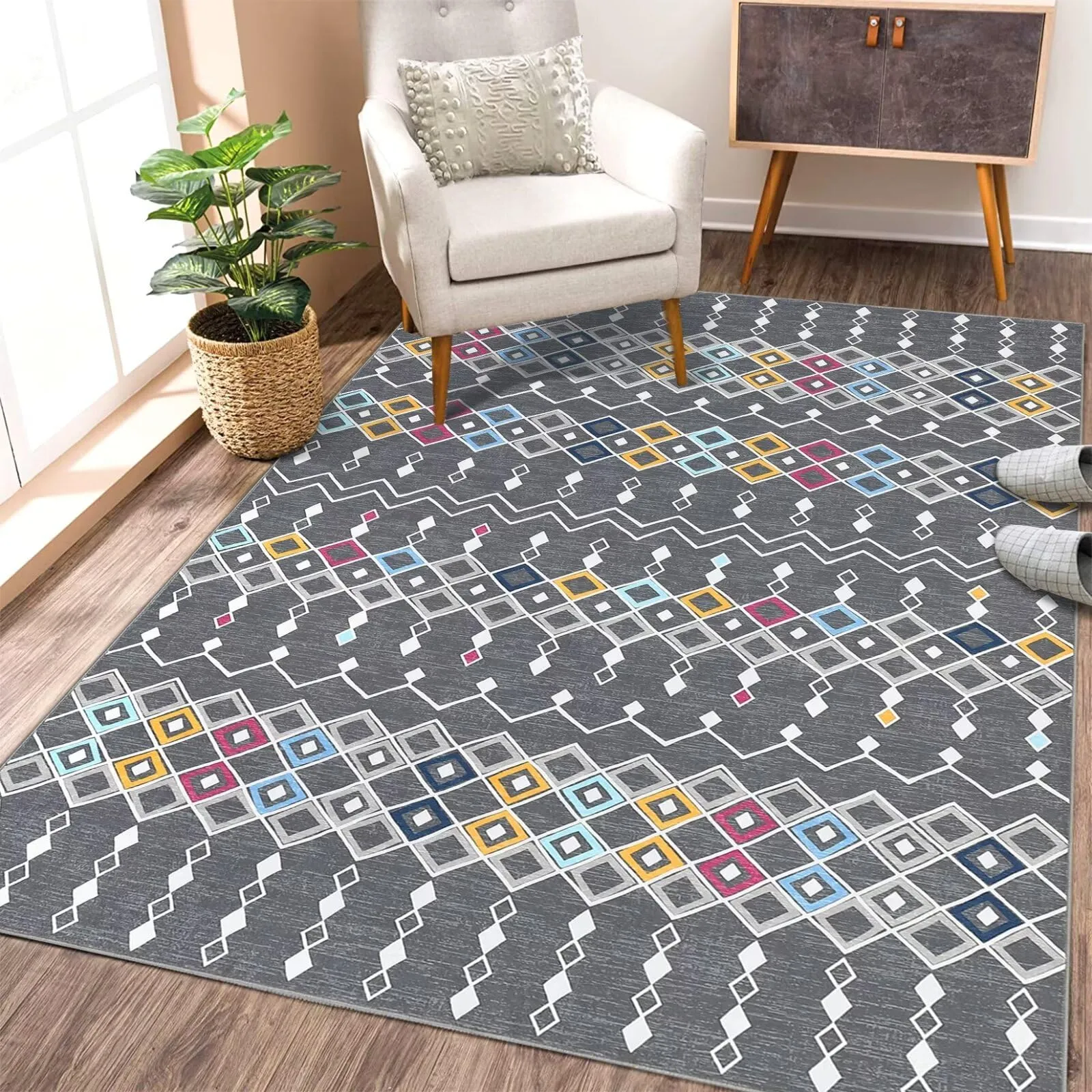 GARVEE Bohemian Area Rug 6x9 Washable, Vintage Geometric Design, Soft Synthetic Fibers, Non-Slip, Foldable, Low Pile, Indoor Use, Living Room & Bedroom