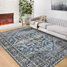 GARVEE Boho Area Rugs 5x7 Grey Vintage Rug Floral Distressed Foldable Thin Rug Retro Kitchen Accent Rug Indoor Floor Cover Non Slip Carpet Floral Print Mat Bedroom Living Room Bathroom