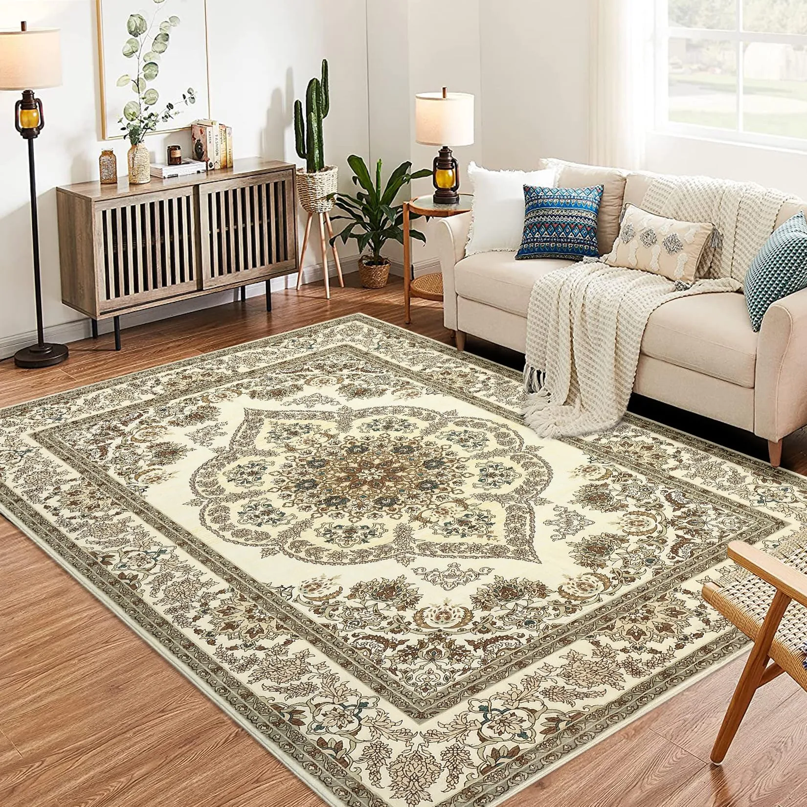 GARVEE Boho Floral Medallion 8x10 Area Rug, Washable Yellow Printed Carpet with Non-Slip Soft Low-Pile for Bedroom, Living Room, Office, Yellow