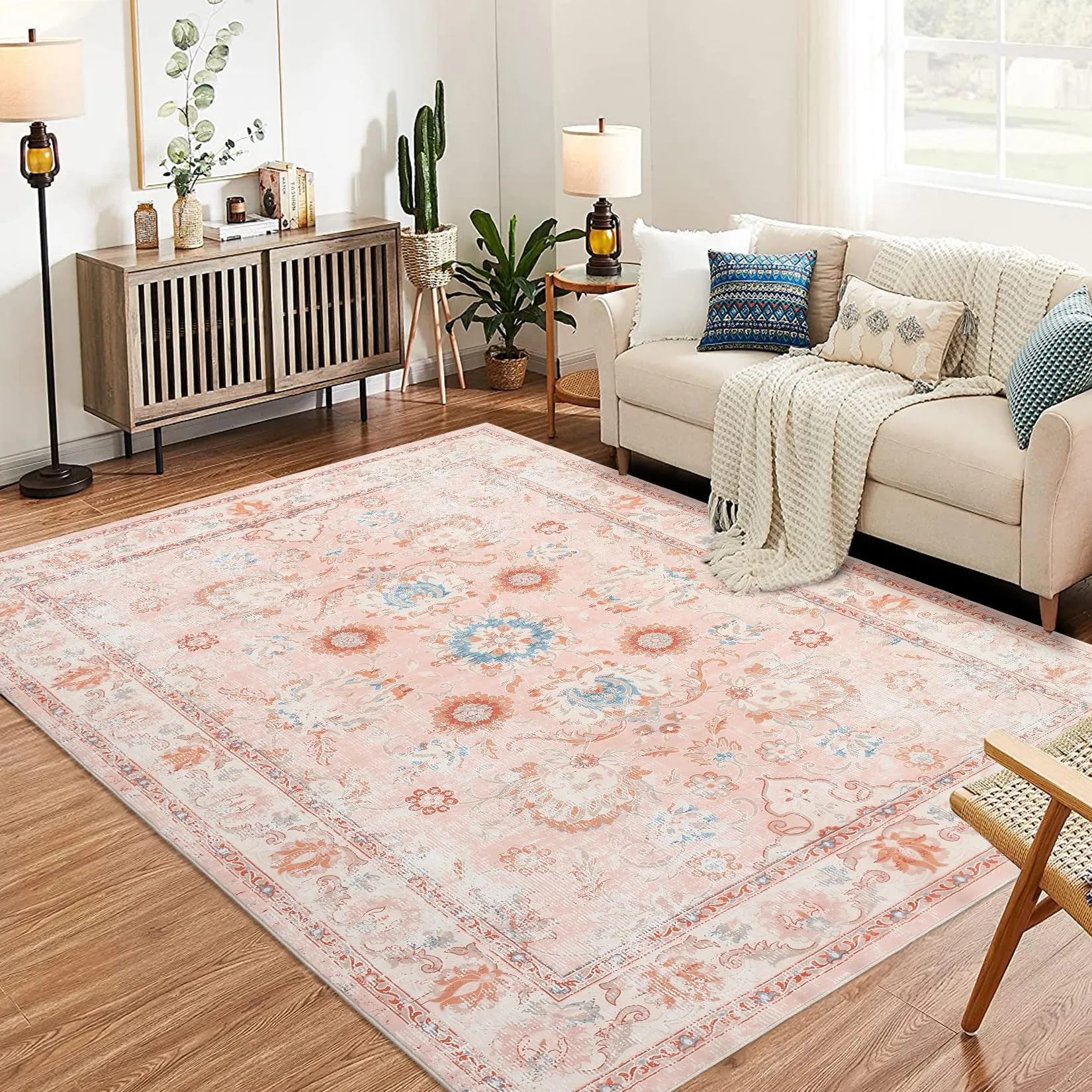 GARVEE Boho Floral Medallion Area Rug, Washable Indoor Accent Carpet with Low-Pile, Non-Slip Soft Rug for Home Decoration in Entryway, Bedroom, Living Room, Office, Kitchen, Pink, 9 x 12