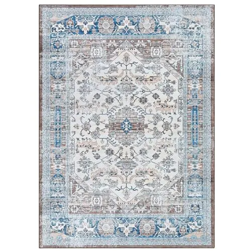 GARVEE Boho Floral Rug 9x12 for Living Room Bedroom, Vintage Beige, Washable Non-Slip, Rustic Farmhouse, HD Print, Stain-Resistant