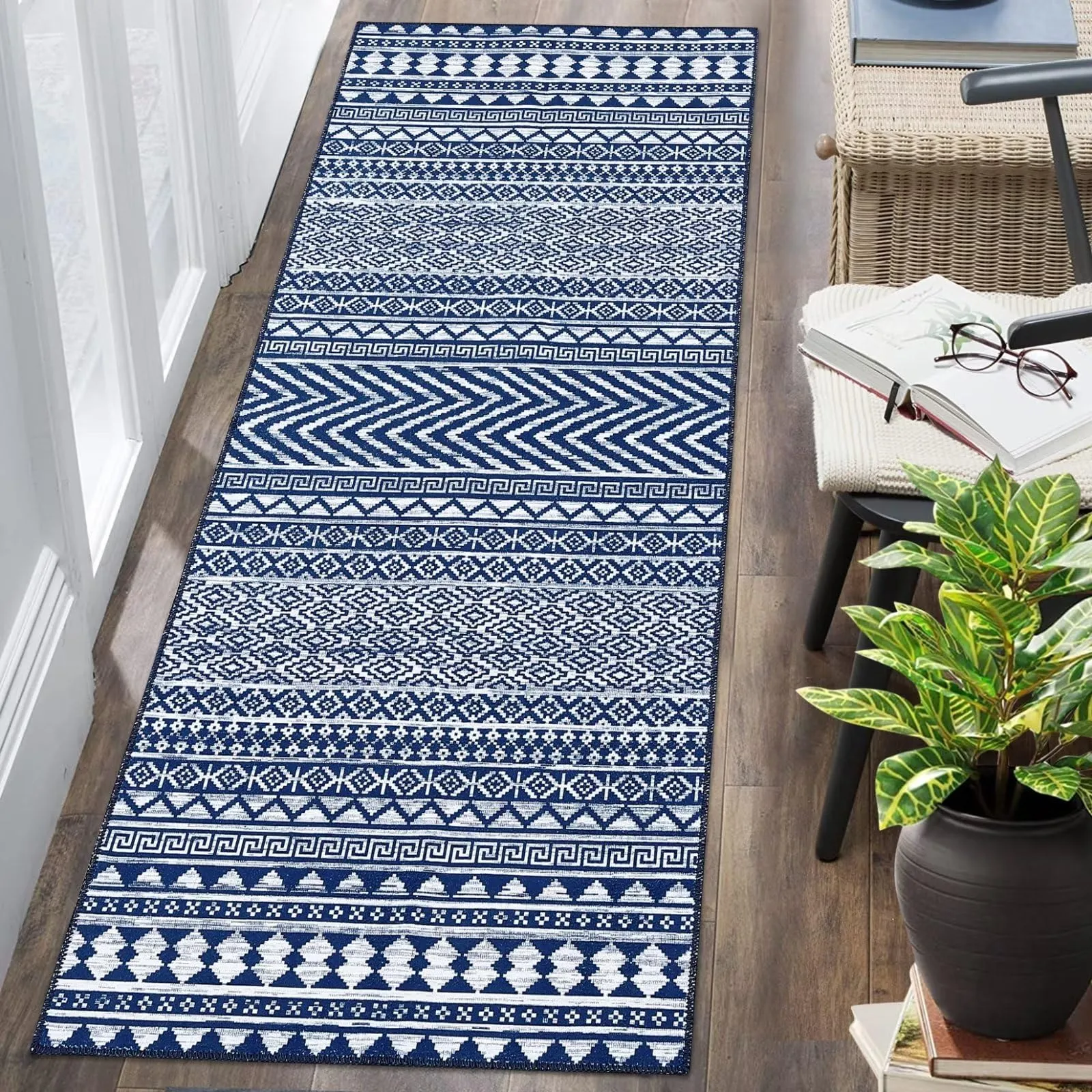 GARVEE Boho Hallway Runner Rug 2x8 Indoor Moroccan Geometric Runner Mat Low Pile Non Slip Bohemian Carpet Mat Stain Resistant Entryway Runner for Kitchen Bedroom Living Room Laundry,Navy