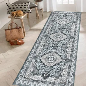 GARVEE Boho Tribal Area Rug - 2x3 Distressed Small Entryway Rug Doormat Bohemian Faux Wool Non-Slip Washable Low-Pile Floor Carpet for Indoor Front Entrance Kitchen Bathroom 2'x3' Grey