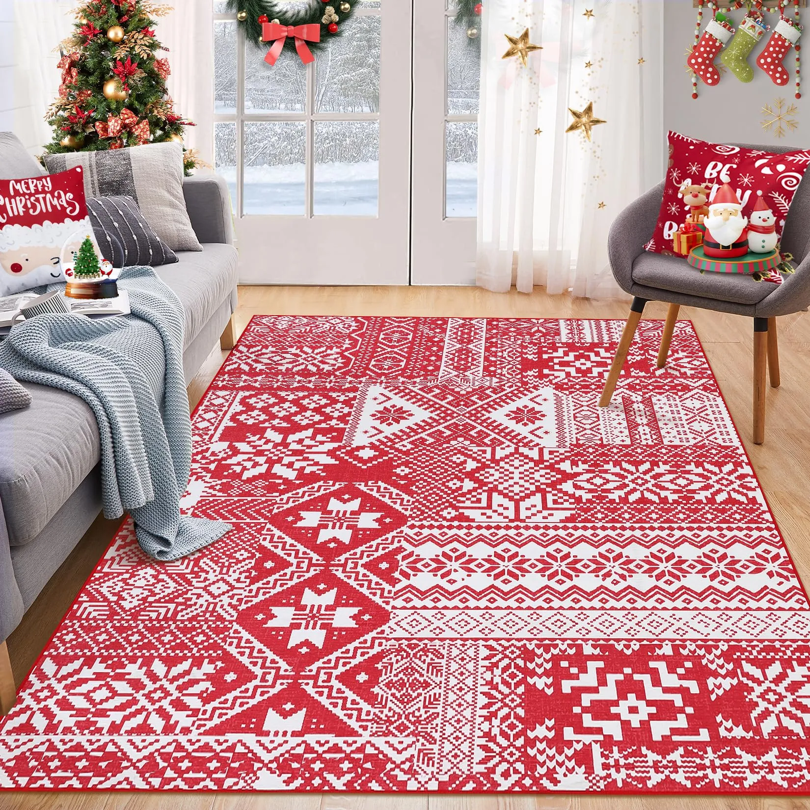 GARVEE Christmas Snowflake Indoor Area Rug - 6x9, Non-Slip, Washable, Low Pile Polyester, Red - Perfect for Bedroom, Living Room, Nursery