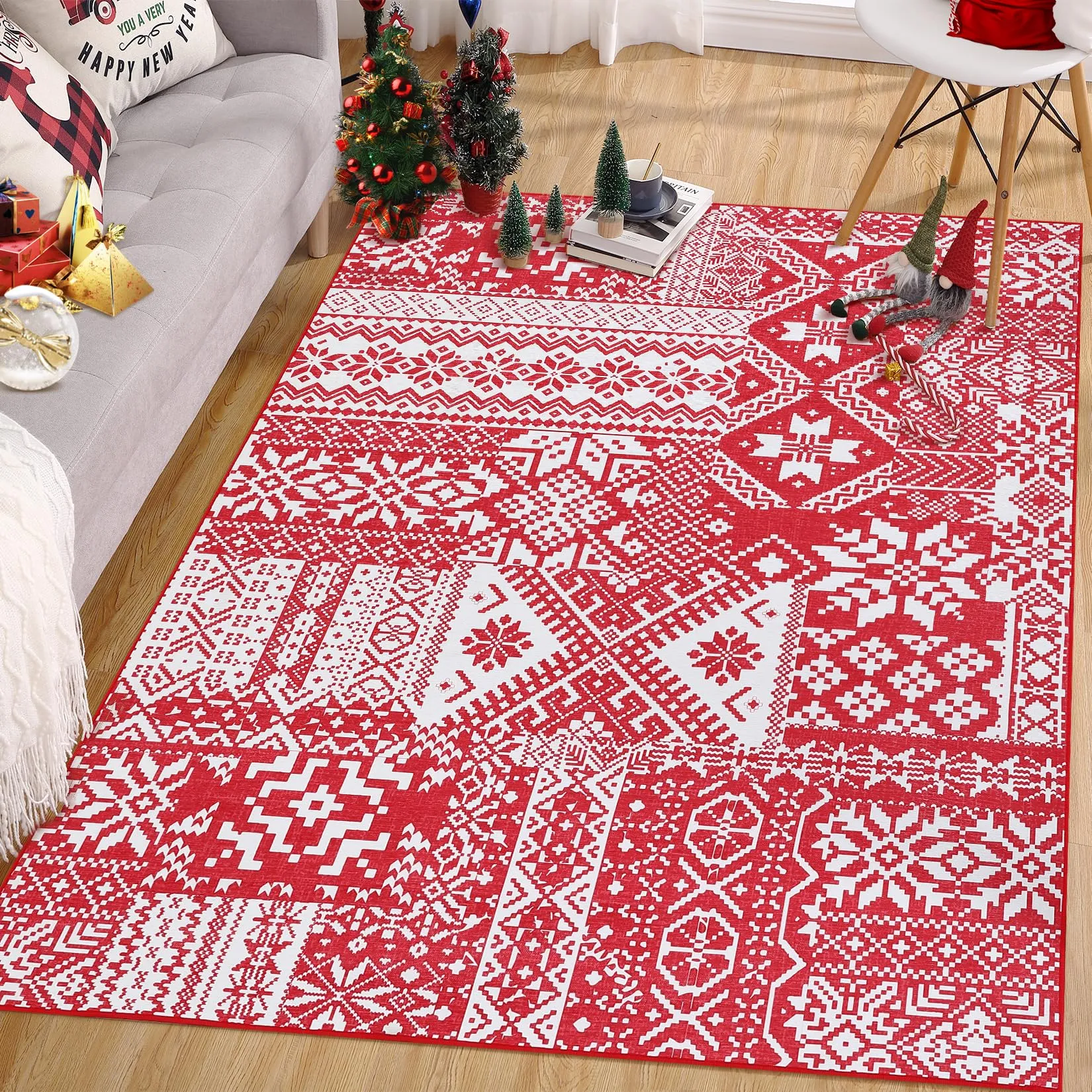 GARVEE Christmas Snowflake Indoor Area Rug - 6x9, Non-Slip, Washable, Low Pile Polyester, Red - Perfect for Bedroom, Living Room, Nursery