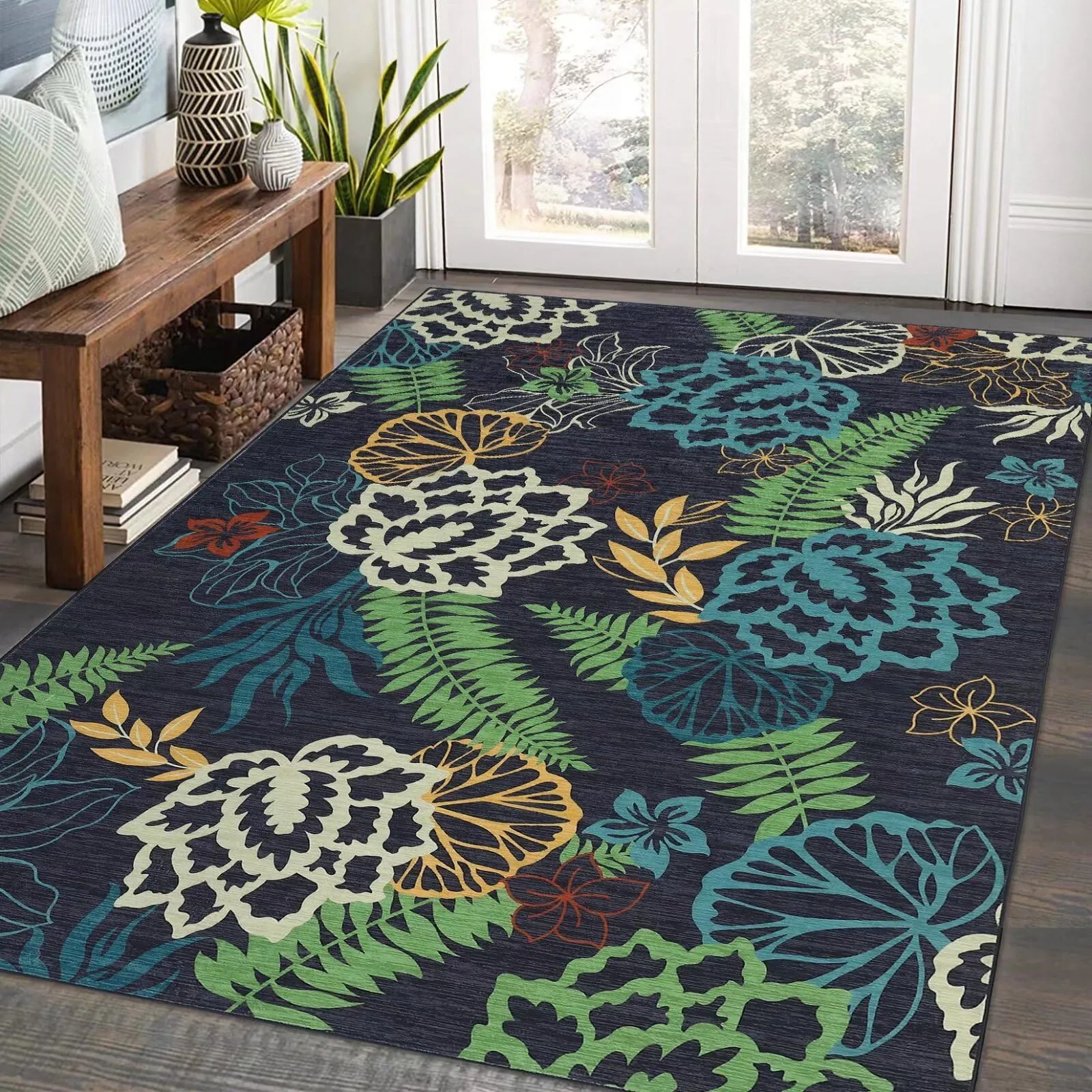 GARVEE Floral Entryway Rug 2x3 Modern Washable Super Soft Anti-Slip Backing Non-Shedding Polyester for Kitchen Bathroom, Blue/Light Grey