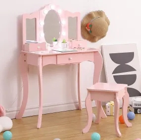 GARVEE Kids Vanity, Girls Vanity Table with Mirror, Light,Stool & Drawer, 2 in 1 Wooden Princess Makeup Desk Dressing Table, Toddler Vanity,Pretend Play Vanity Set for Kids