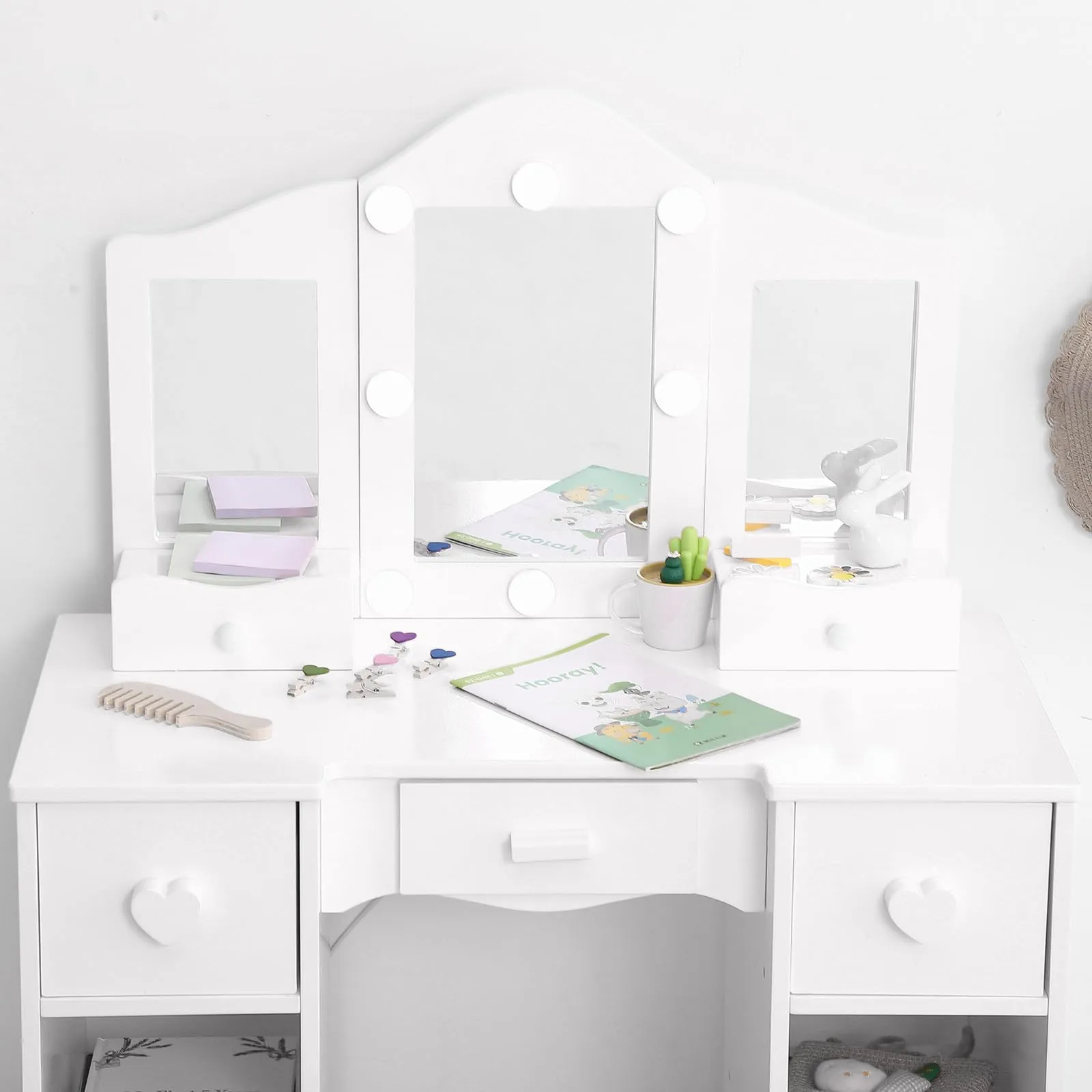 GARVEE Kids Vanity, Girls Vanity Table with Mirror, Light,Stool & Drawer, 2 in 1 Wooden Princess Makeup Desk Dressing Table, Toddler Vanity,Pretend Play Vanity Set for Kids