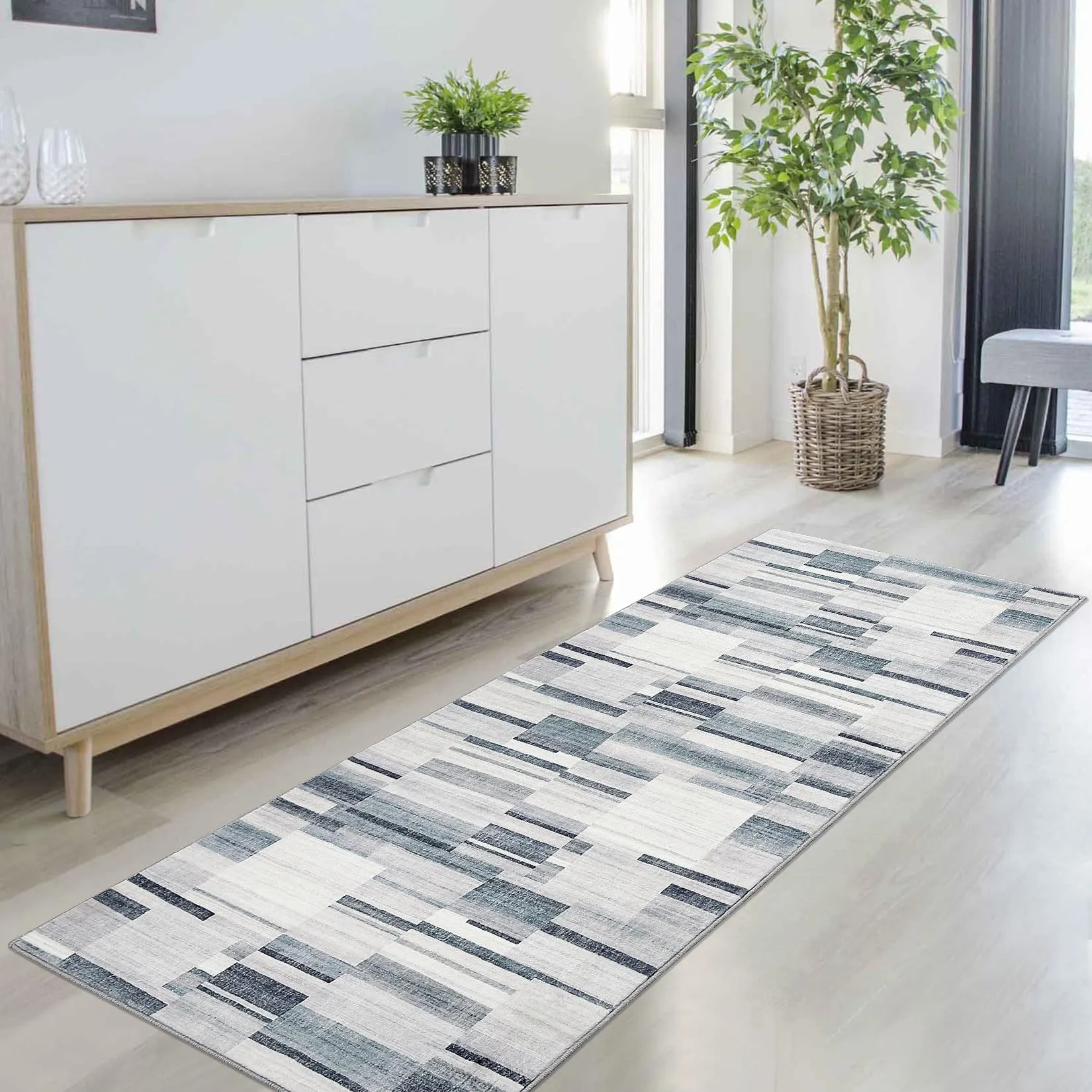 GARVEE Modern Abstract Runner Rug 2x6 Small Entryway Mat Geometric Indoor Non-Slip Throw Floor Cover Bohemian Stain Resistant Rug Contemporary Washable Carpet for Living Room Bedroom Kitchen, Grey