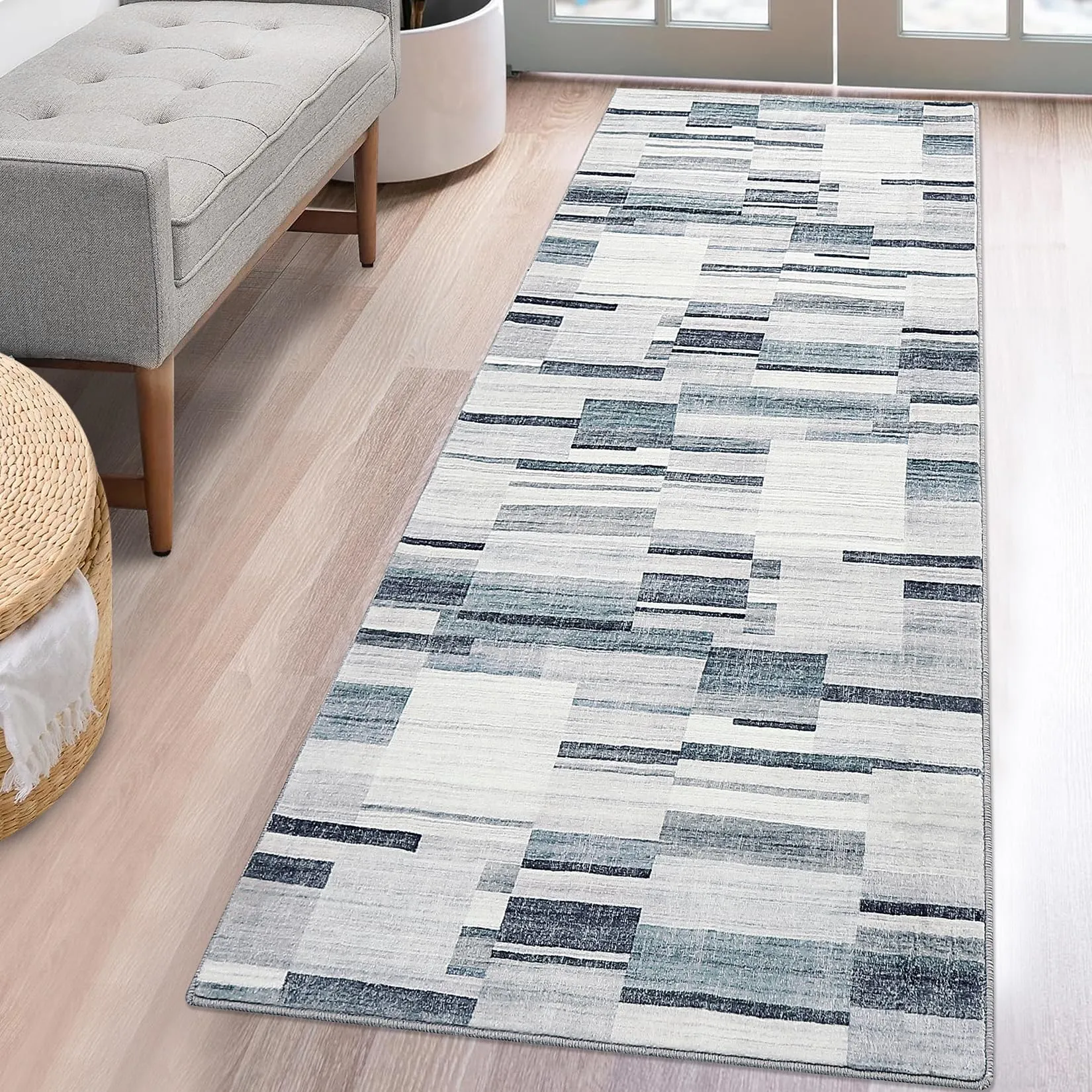 GARVEE Modern Abstract Runner Rug 2x6 Small Entryway Mat Geometric Indoor Non-Slip Throw Floor Cover Bohemian Stain Resistant Rug Contemporary Washable Carpet for Living Room Bedroom Kitchen, Grey