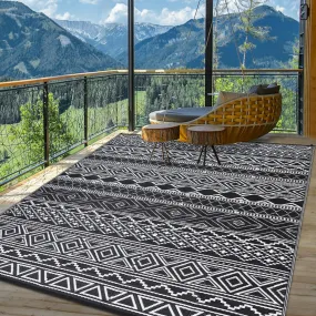 GARVEE Outdoor Rug 6x9 Waterproof Patio Rug Mat Geometric Rug Plastic Straw Outside Rug for RV Camping Picnic Reversible Rug Modern Clearance for Deck, Beach, Black/White