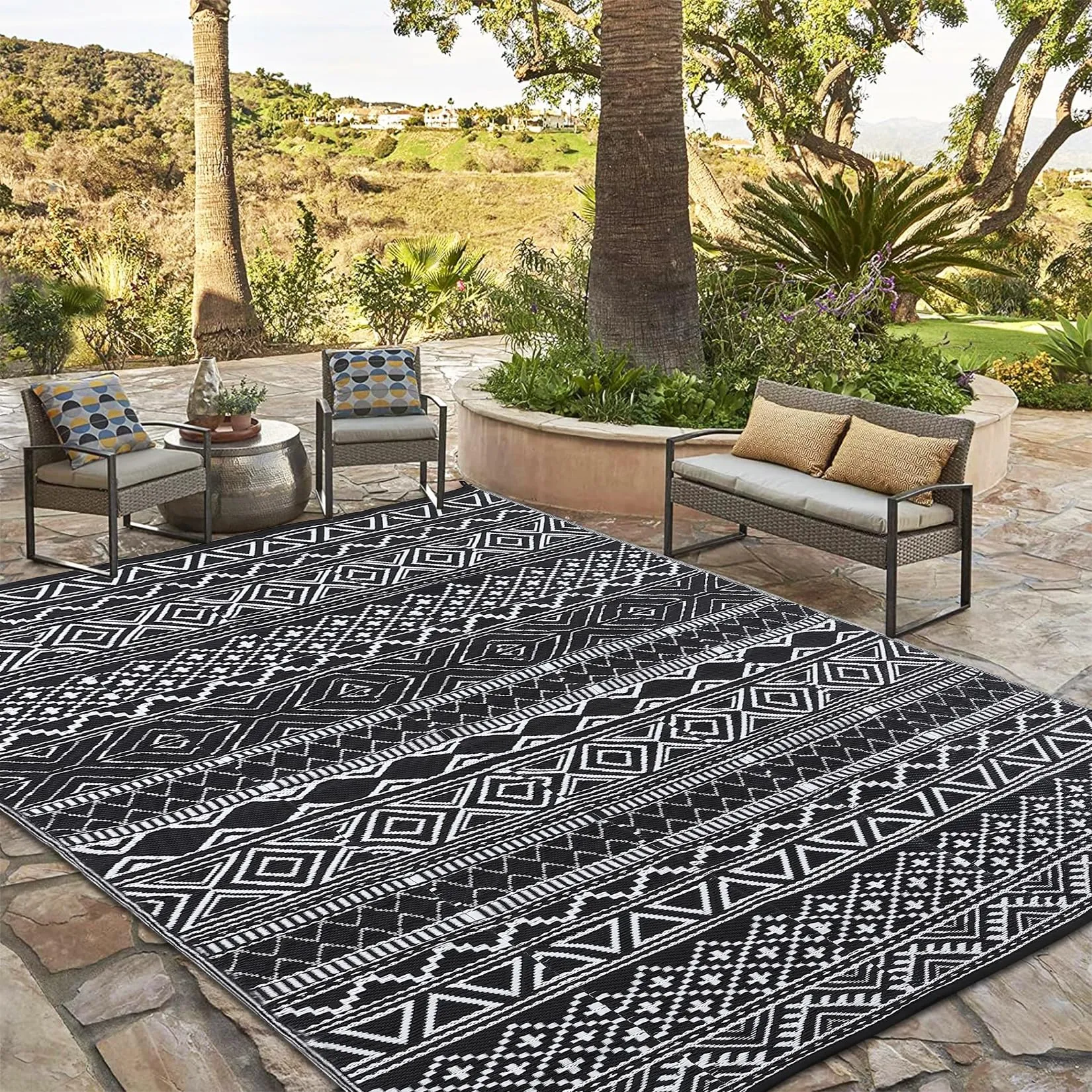 GARVEE Outdoor Rug 6x9 Waterproof Patio Rug Mat Geometric Rug Plastic Straw Outside Rug for RV Camping Picnic Reversible Rug Modern Clearance for Deck, Beach, Black/White