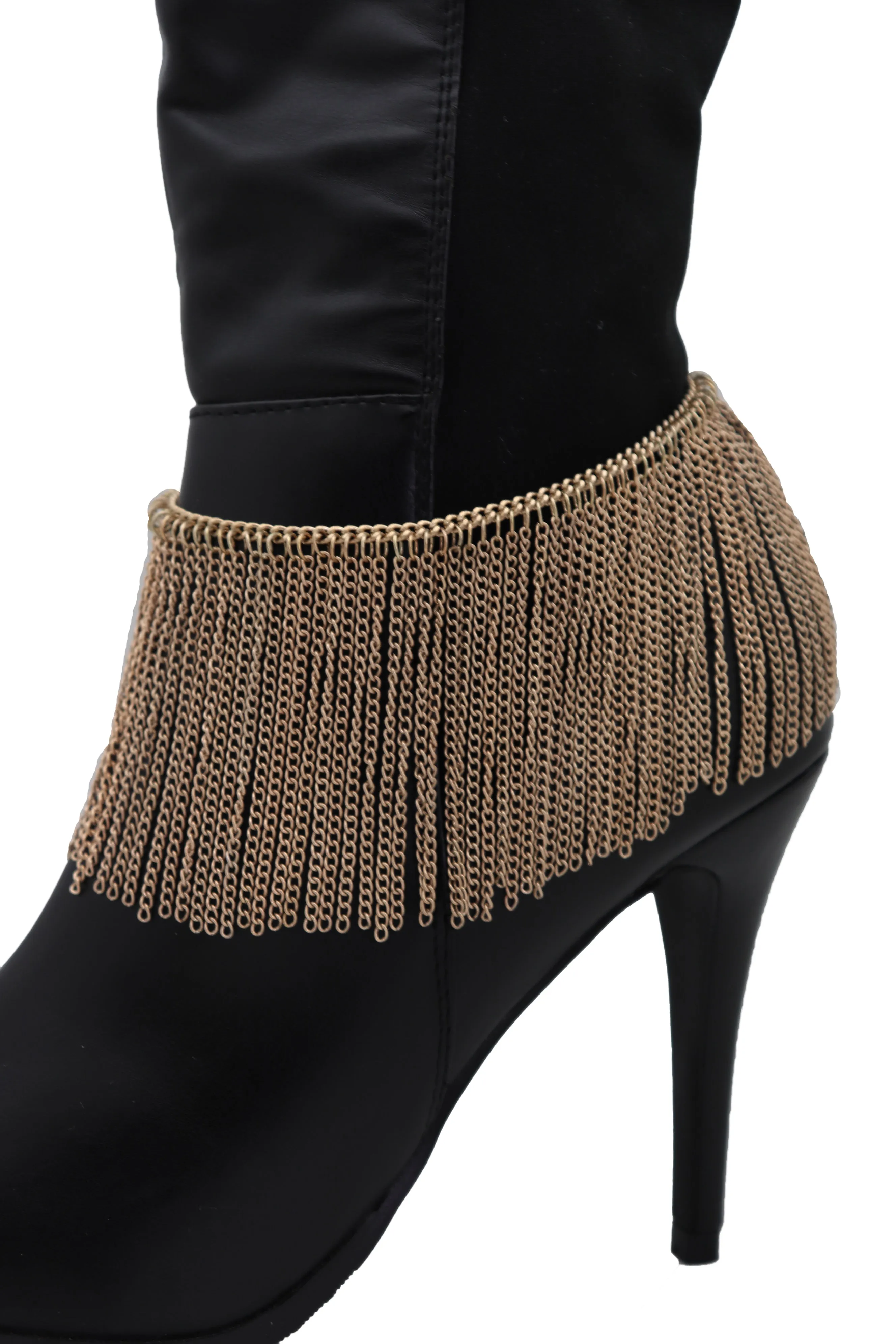 Gold Metal Chain Boot Bracelet Wrap Around Shoe Long Fringes Charm Anklet