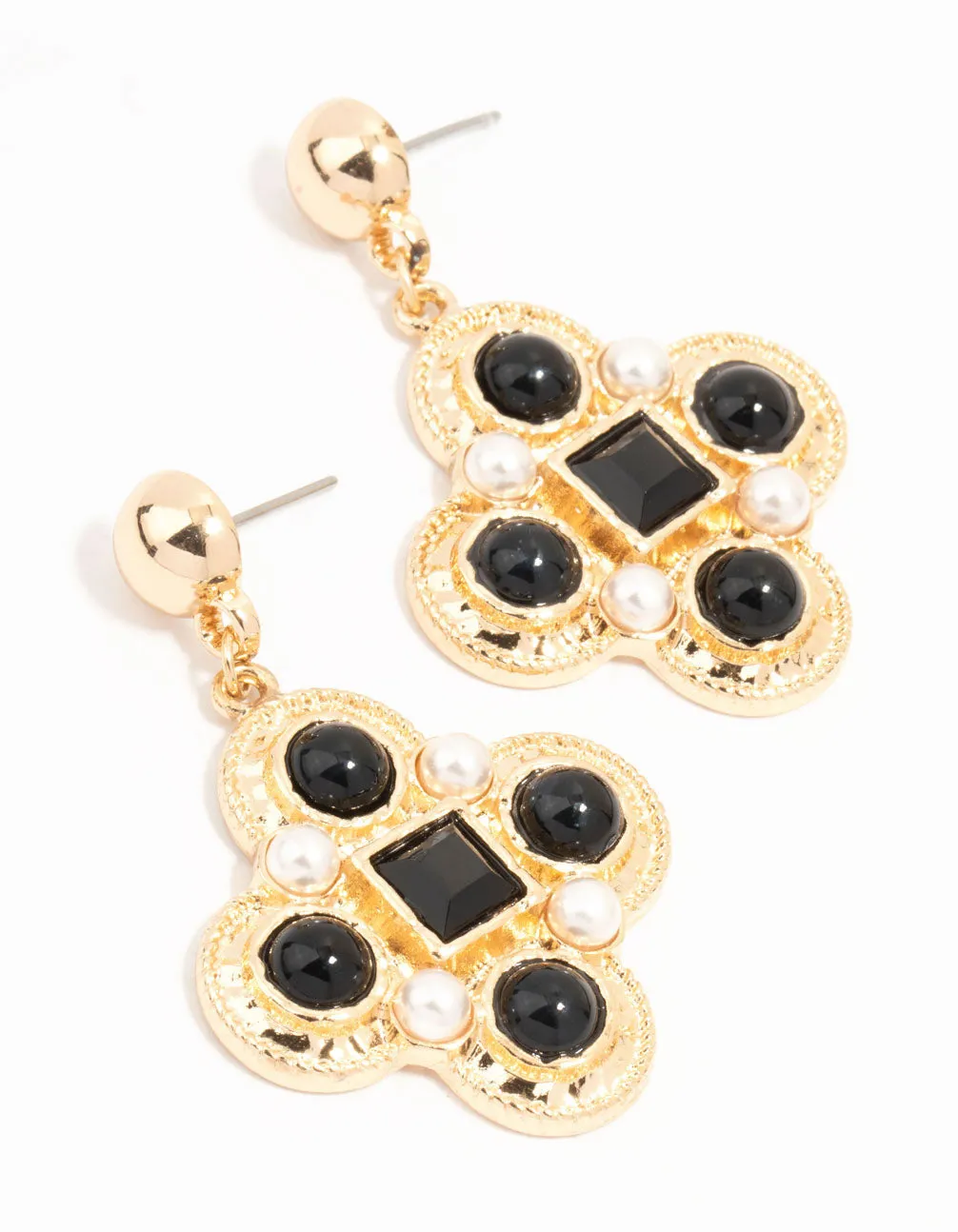 Gold Pearl & Black Diamante Vintage Cross Stud Earrings