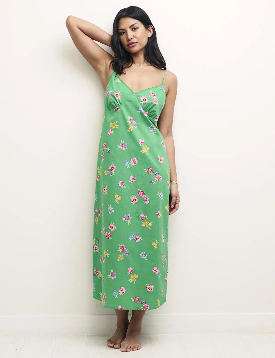 Green Floral Gathered Bust Midi Cami Nightdress