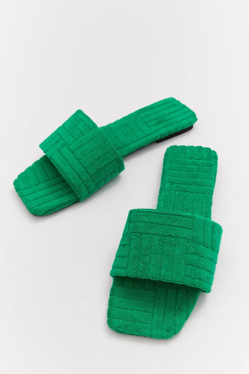 Green Square Toe Toweling Detail Slippers