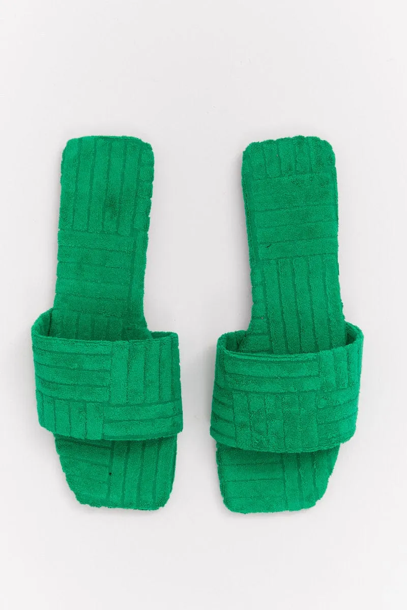 Green Square Toe Toweling Detail Slippers