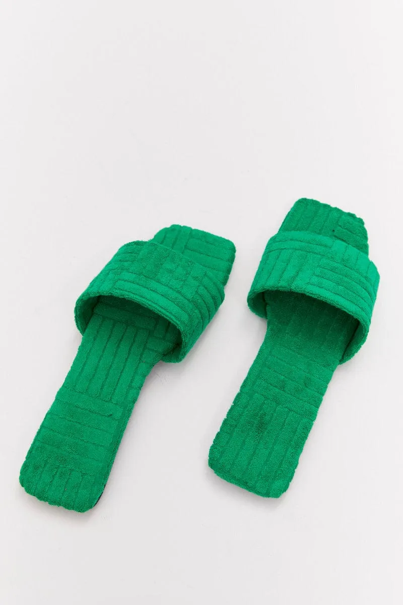 Green Square Toe Toweling Detail Slippers