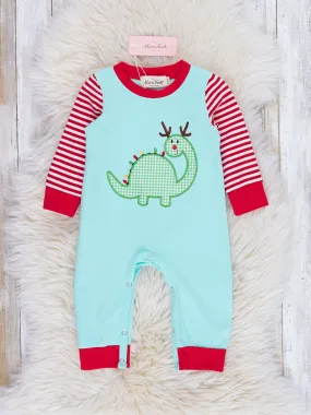 Ice Blue Embroidered Gingham Dino Raglan Romper