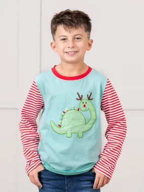 Ice Blue Embroidered Gingham Dino Raglan Shirt